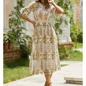 Curve Dream-Half Sleeves Floral Embroidery Delicate Midi Dress- Size 2X